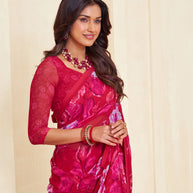 Pink floral georgette saree casual look