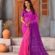 Pink bandhani-style mirrorwork silk blend saree festive wear