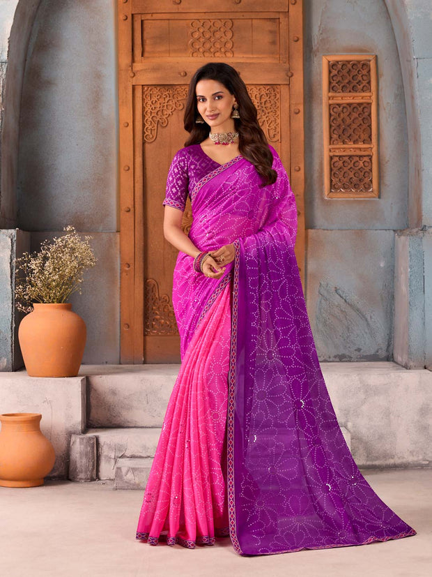 Pink bandhani-style mirrorwork silk blend saree festive wear