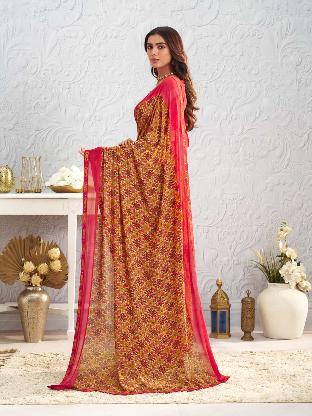 Orange floral printed georgette saree festive wear