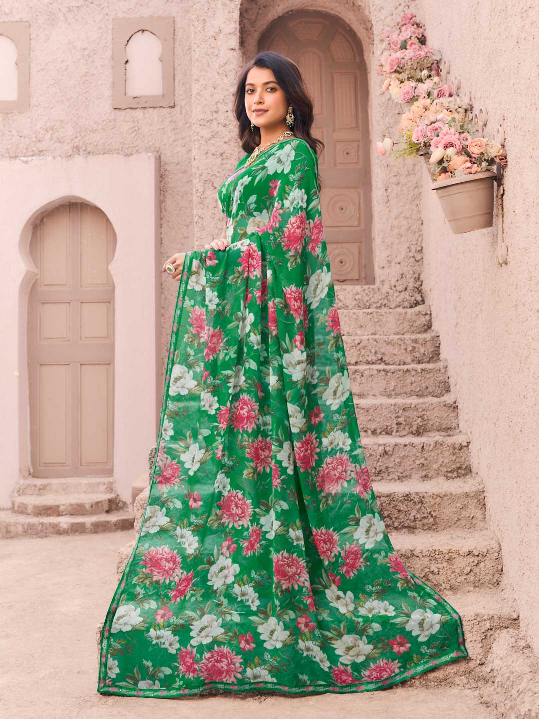 elegant green digital print saree