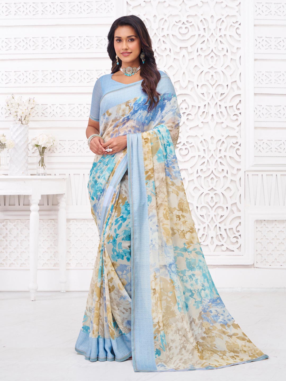 Blue georgette floral print saree
