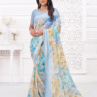 Blue georgette floral print saree