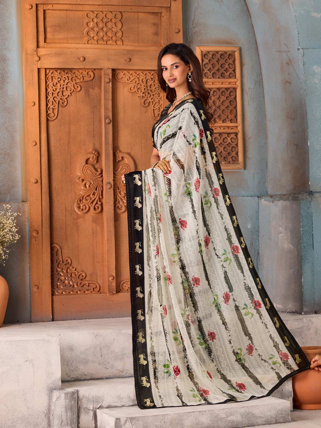 White floral printed chiffon saree daily wear