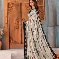 White floral printed chiffon saree daily wear