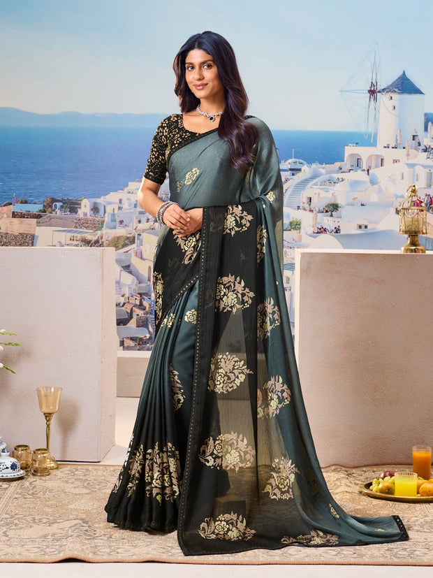 Black floral printed saree elegant style