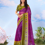 Purple geometric printed chiffon saree daily wear 