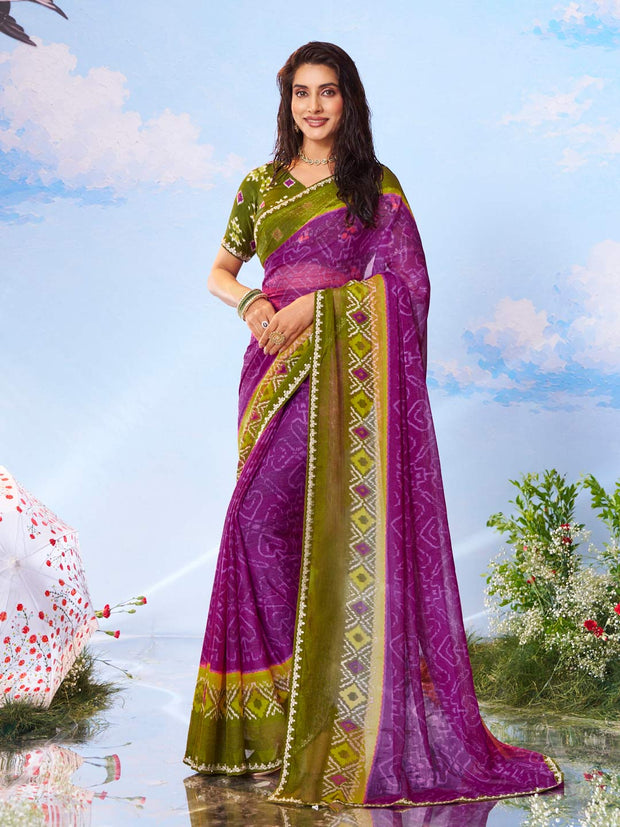 Purple geometric printed chiffon saree daily wear 
