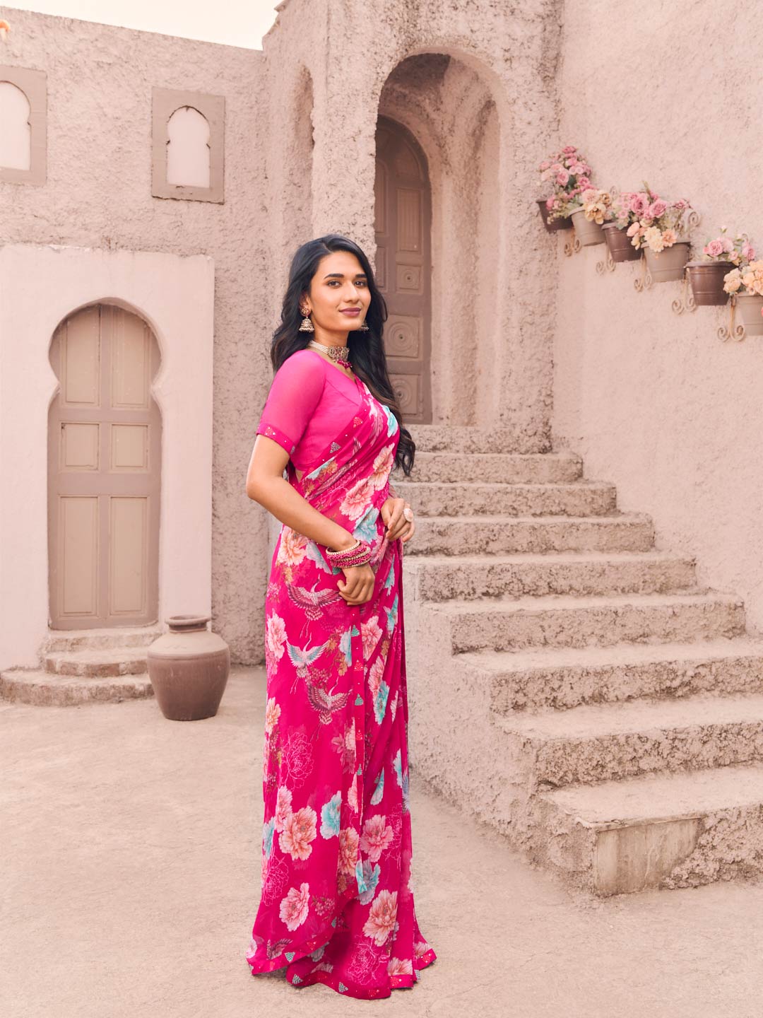 pink floral saree for festive wear