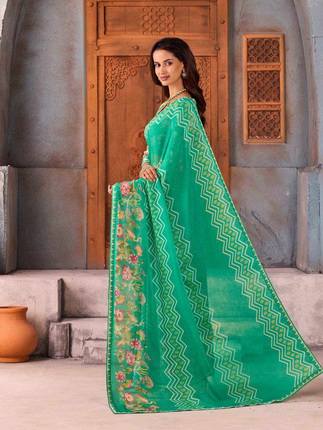Green geometric and floral printed chiffon saree daily wear