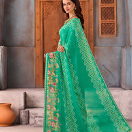 Green geometric and floral printed chiffon saree daily wear
