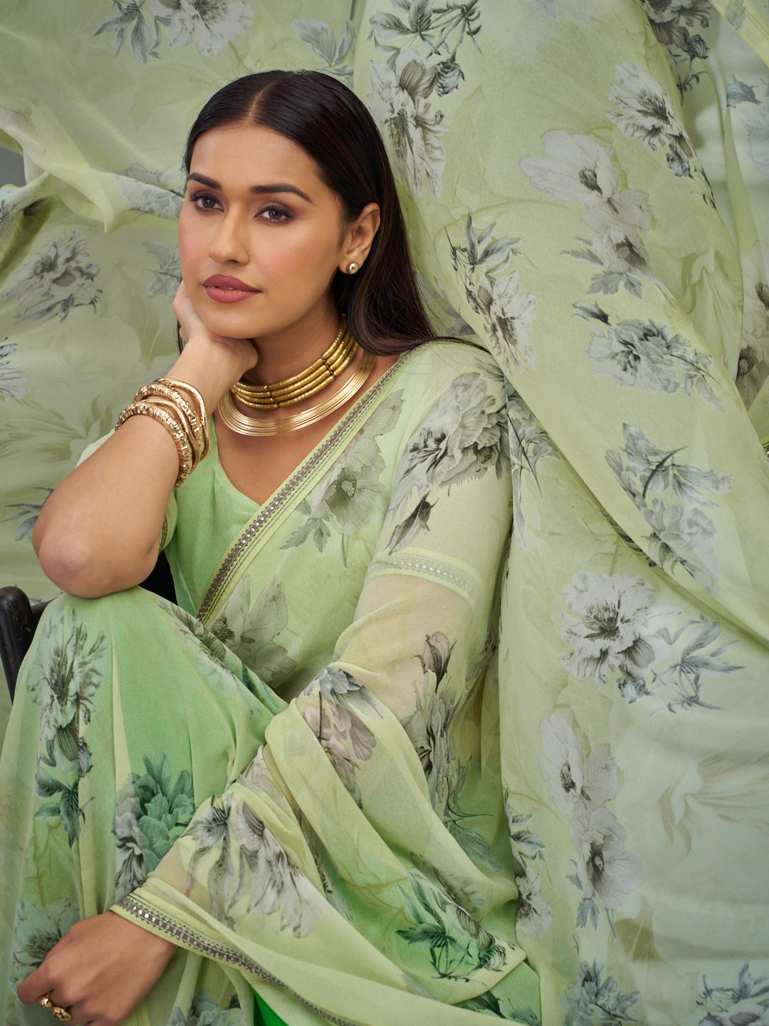 Green floral georgette saree casual wear