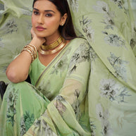 Green floral georgette saree casual wear