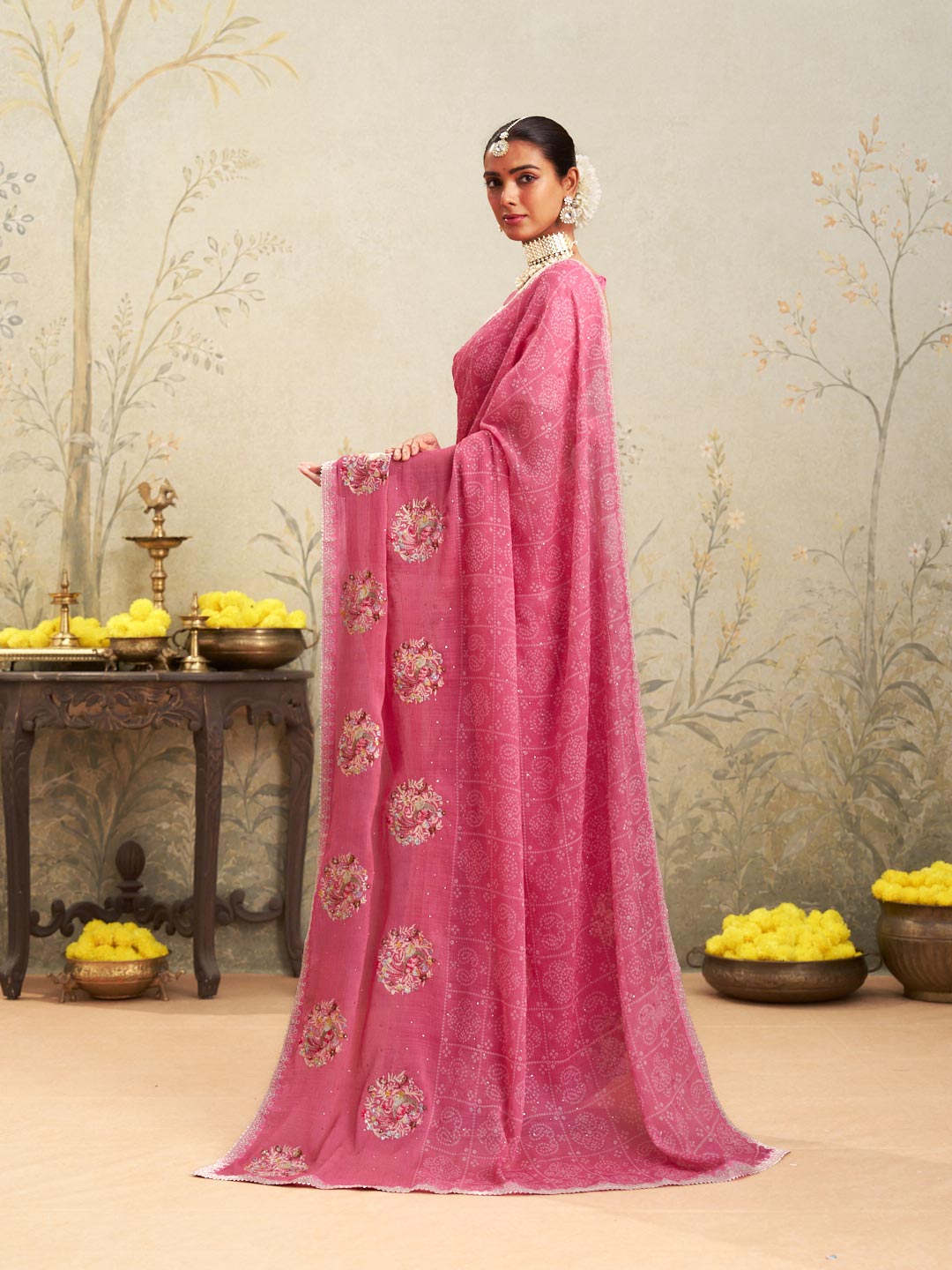 Pink floral embroidered chiffon saree daily wear