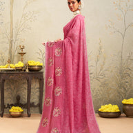 Pink floral embroidered chiffon saree daily wear