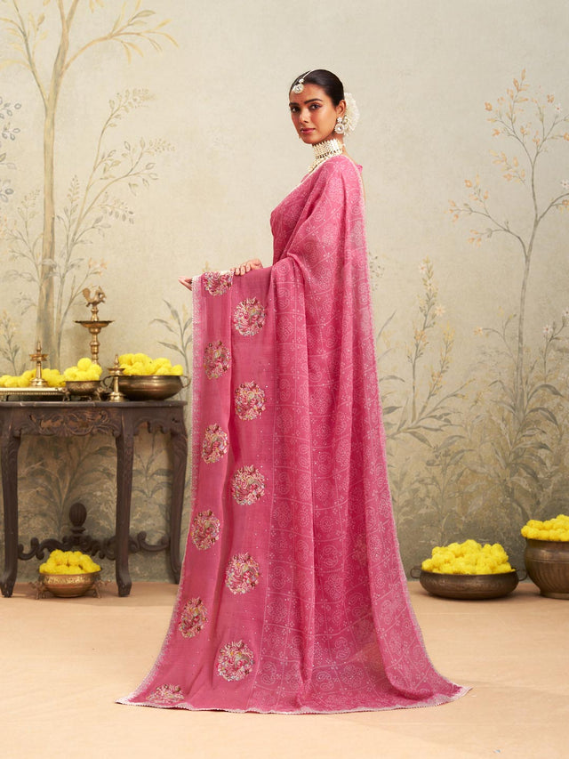 Pink floral embroidered chiffon saree daily wear
