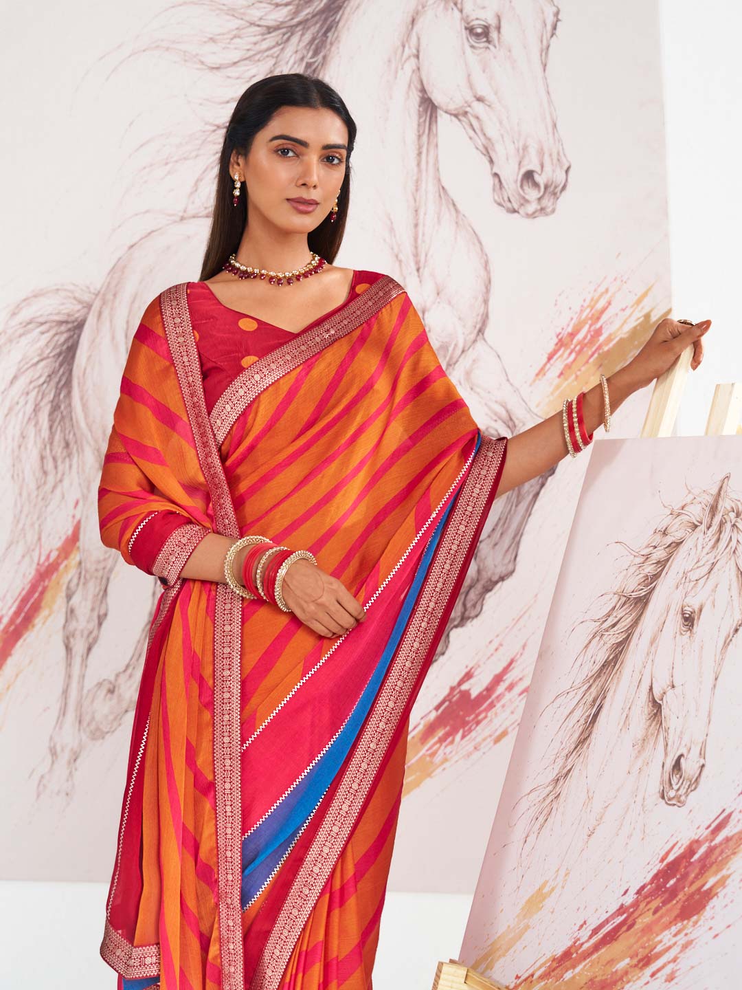Laxmipati Murli Orange Silk Blend Geometric Saree