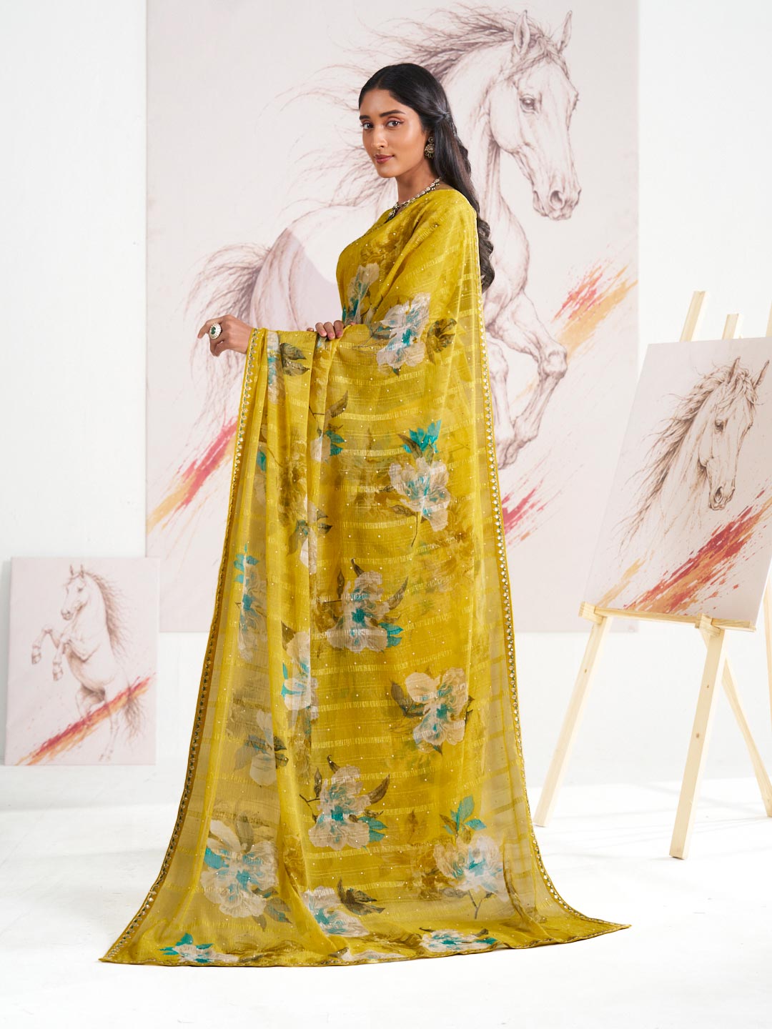 Laxmipati Murli Yellow Chiffon Floral Saree