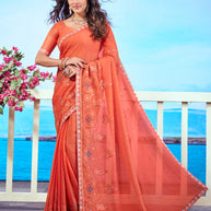 Orange floral embroidered chiffon saree festive wear 