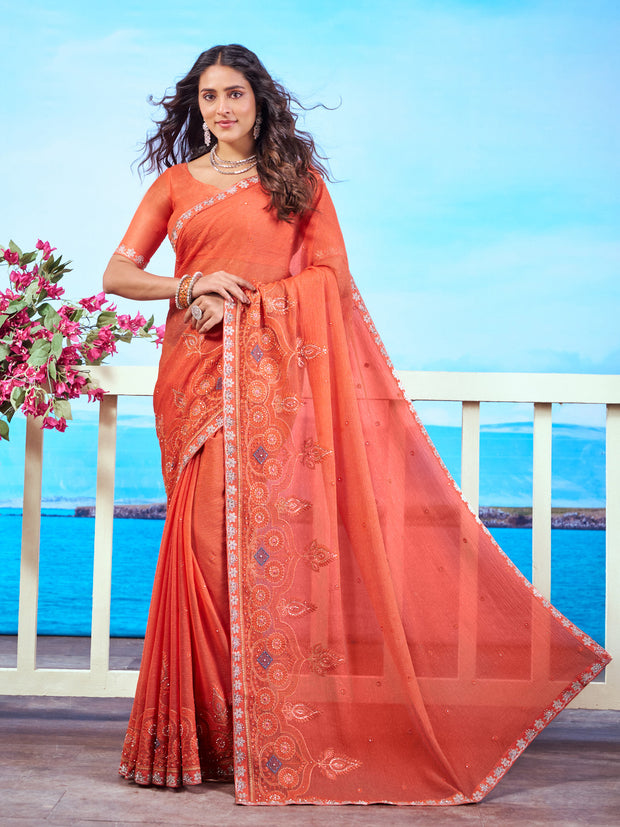 Orange floral embroidered chiffon saree festive wear 