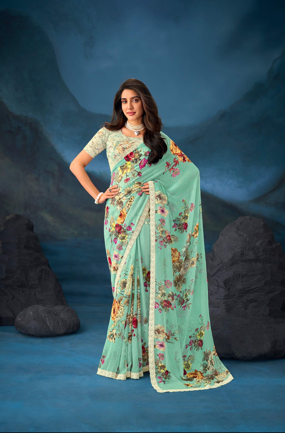 Green floral printed chiffon saree daily wear