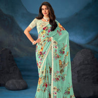 Green floral printed chiffon saree daily wear