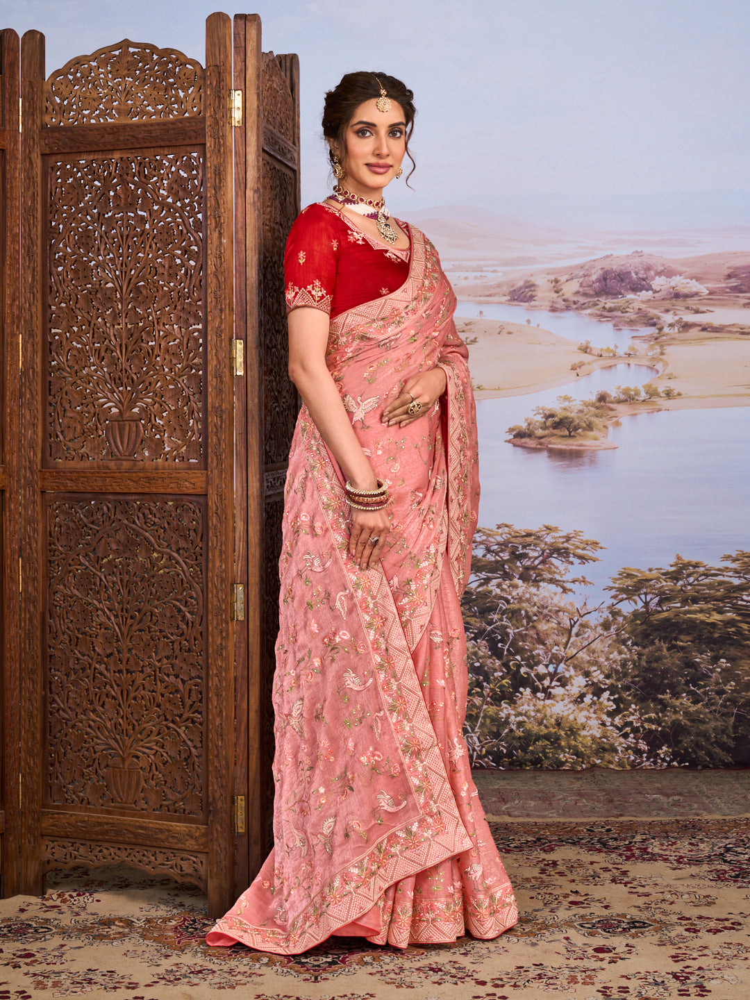 Pink floral embroidered chiffon saree casual wear