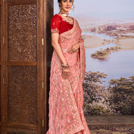 Pink floral embroidered chiffon saree casual wear