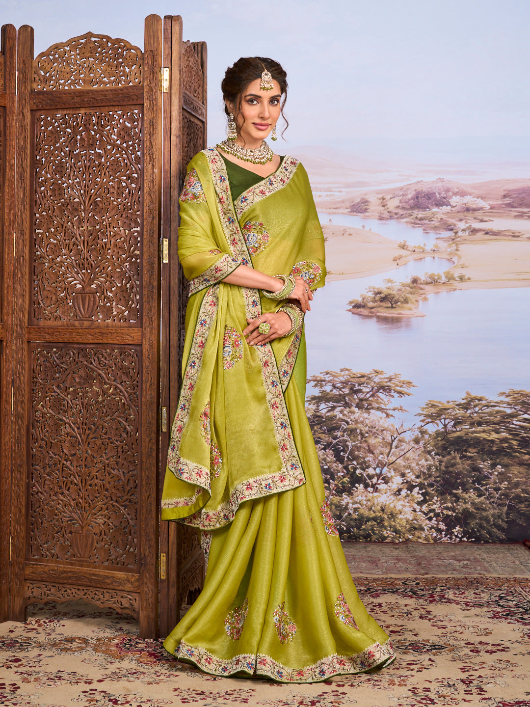 Green floral embroidered chiffon saree party wear