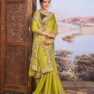 Green floral embroidered chiffon saree party wear