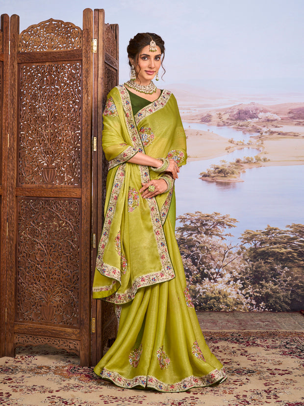 Green floral embroidered chiffon saree party wear