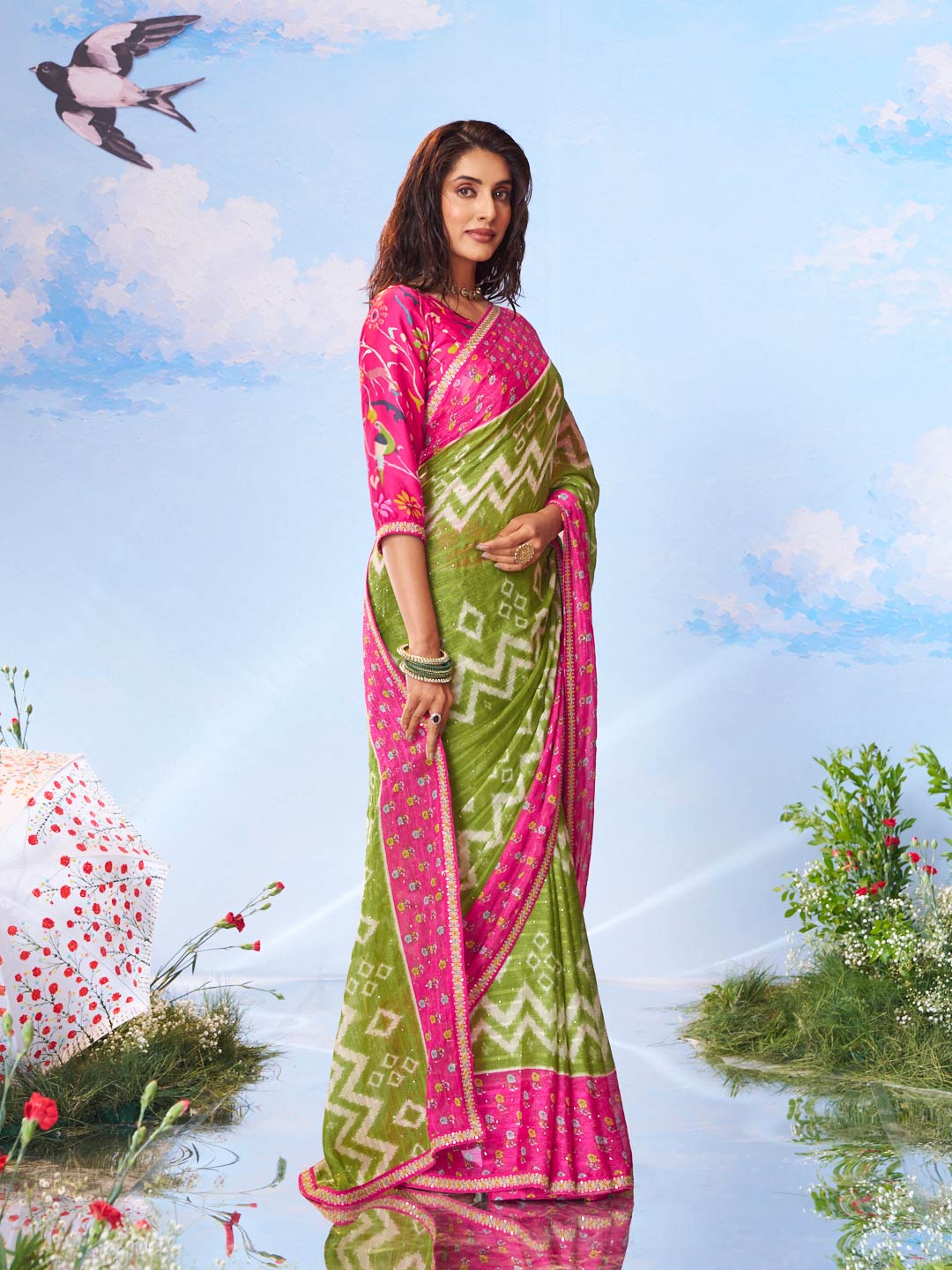 Green sequined silk saree party wear 