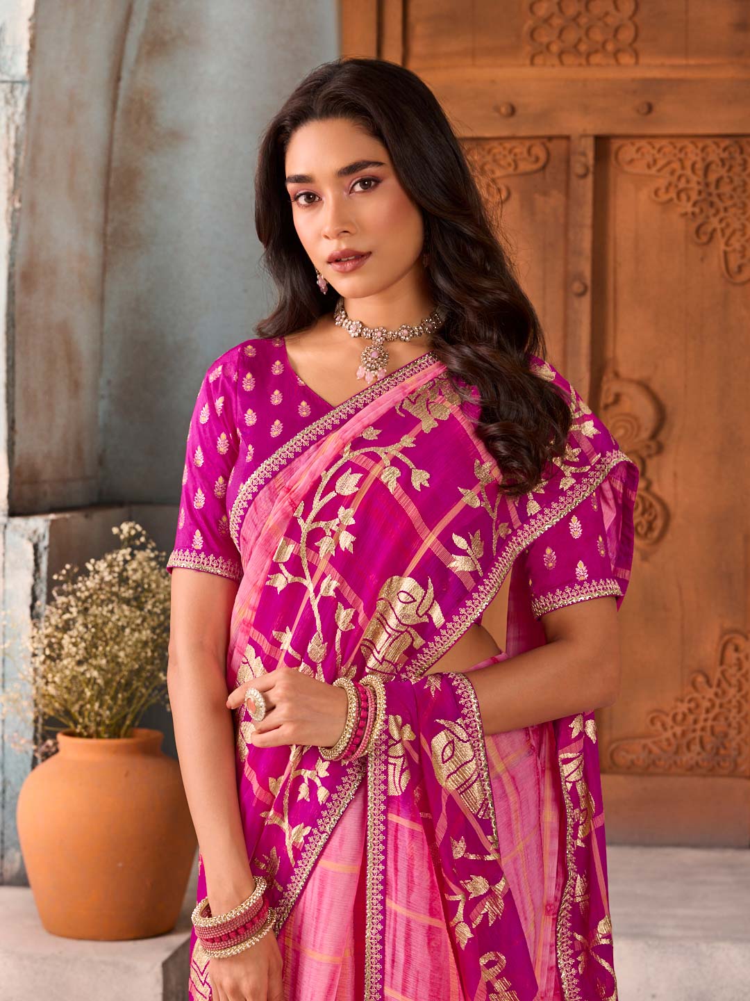 Pink zari woven chiffon saree party wear