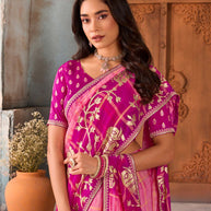 Pink zari woven chiffon saree party wear