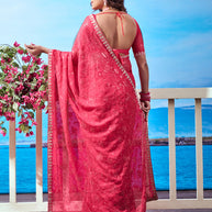 Red embellished embroidered chiffon saree wedding wear
