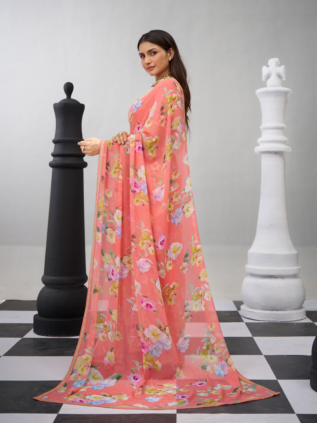 Peach printed saree daily wear