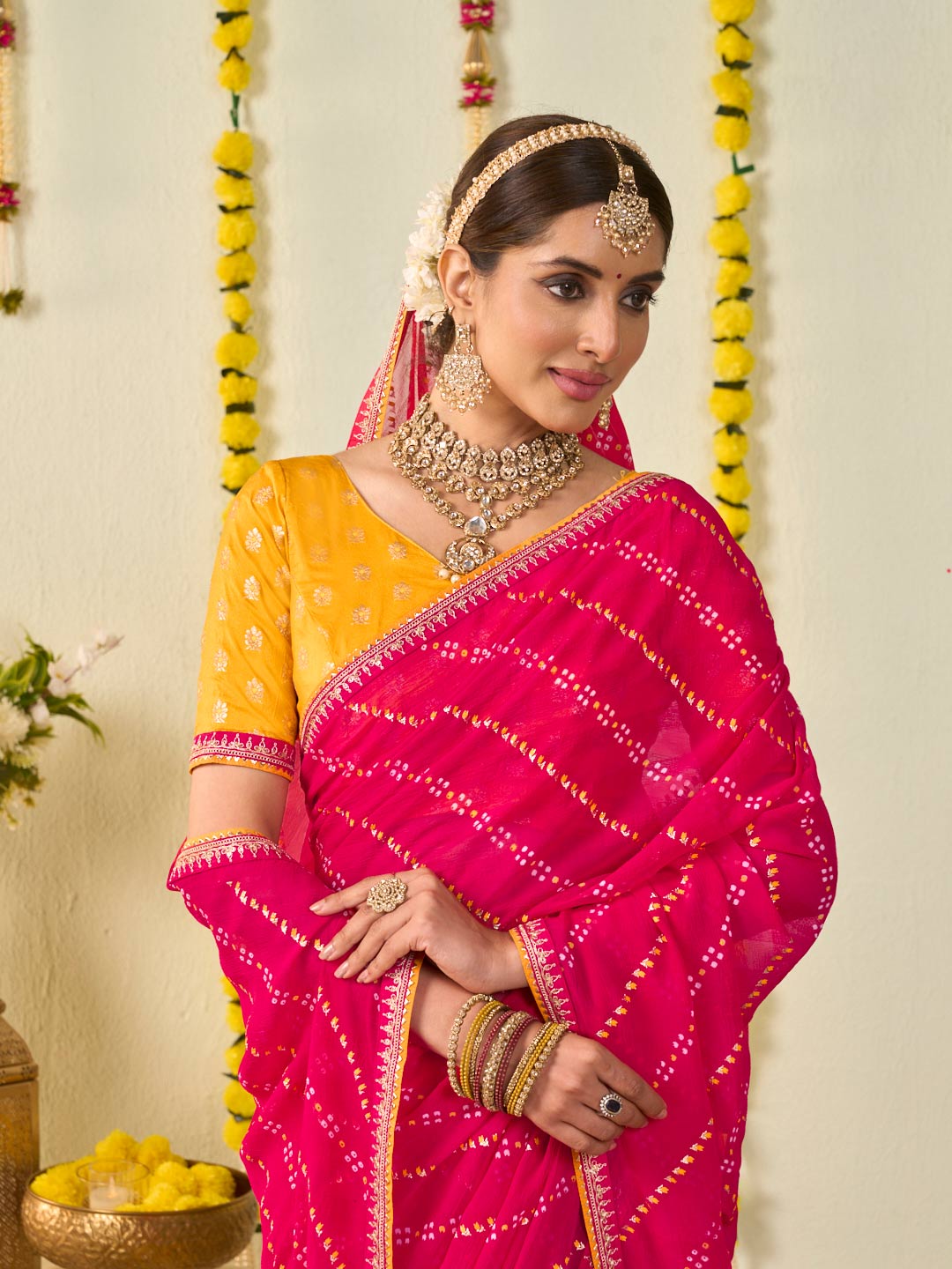 Pink bandhani printed georgette saree wedding wear