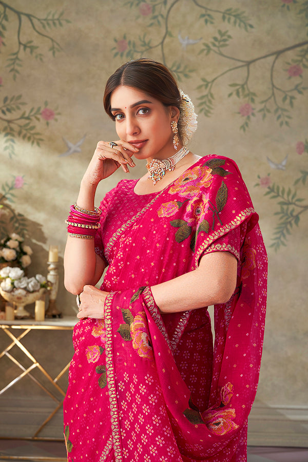 Pink embroidered chiffon saree festive wear
