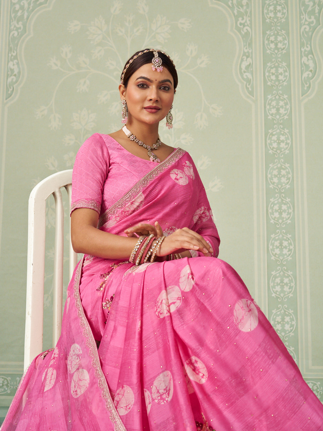 Pink floral embroidered chiffon saree daily wear