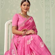 Pink floral embroidered chiffon saree daily wear