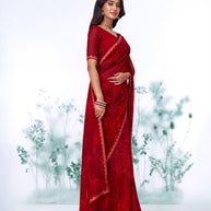 Red abstract printed georgette saree casual wear