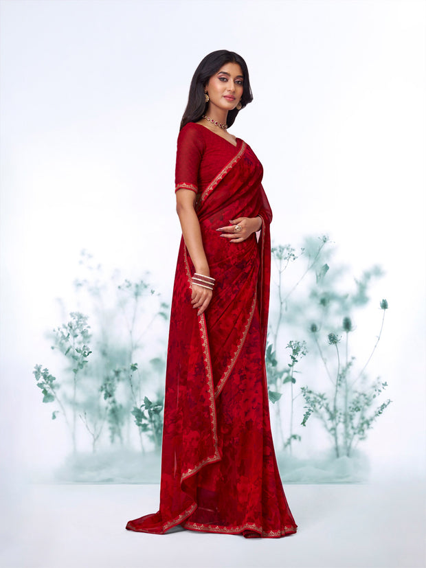 Red abstract printed georgette saree casual wear