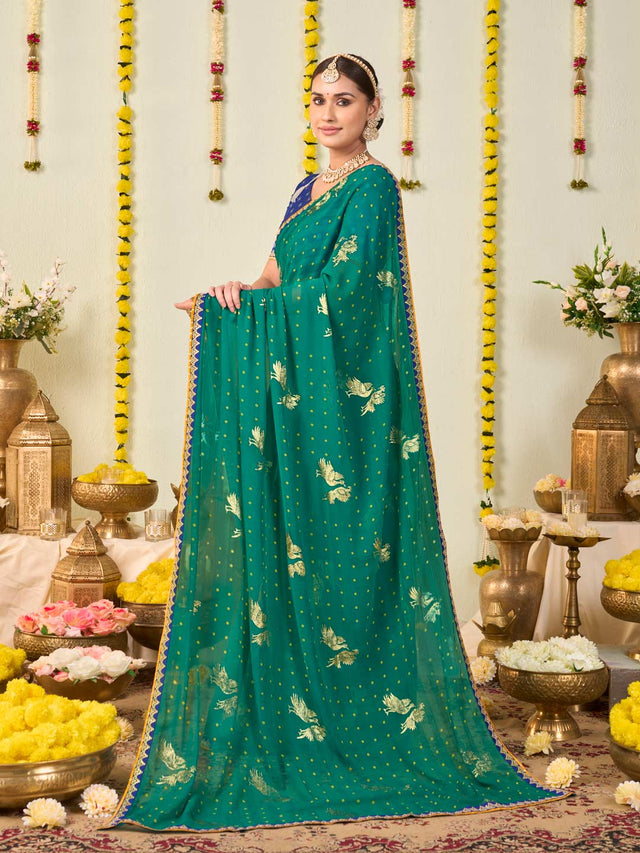 Green bandhani printed georgette saree festive wear