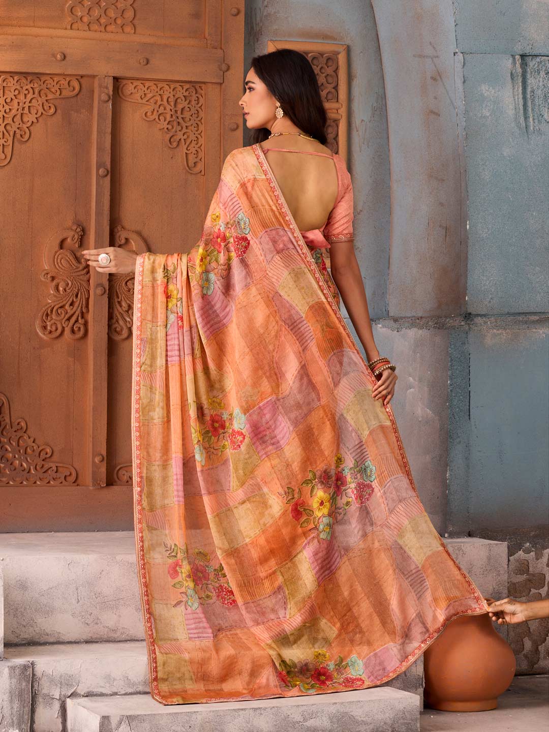 Orange patchwork floral printed chiffon saree casual wear