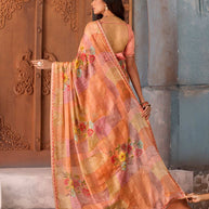 Orange patchwork floral printed chiffon saree casual wear