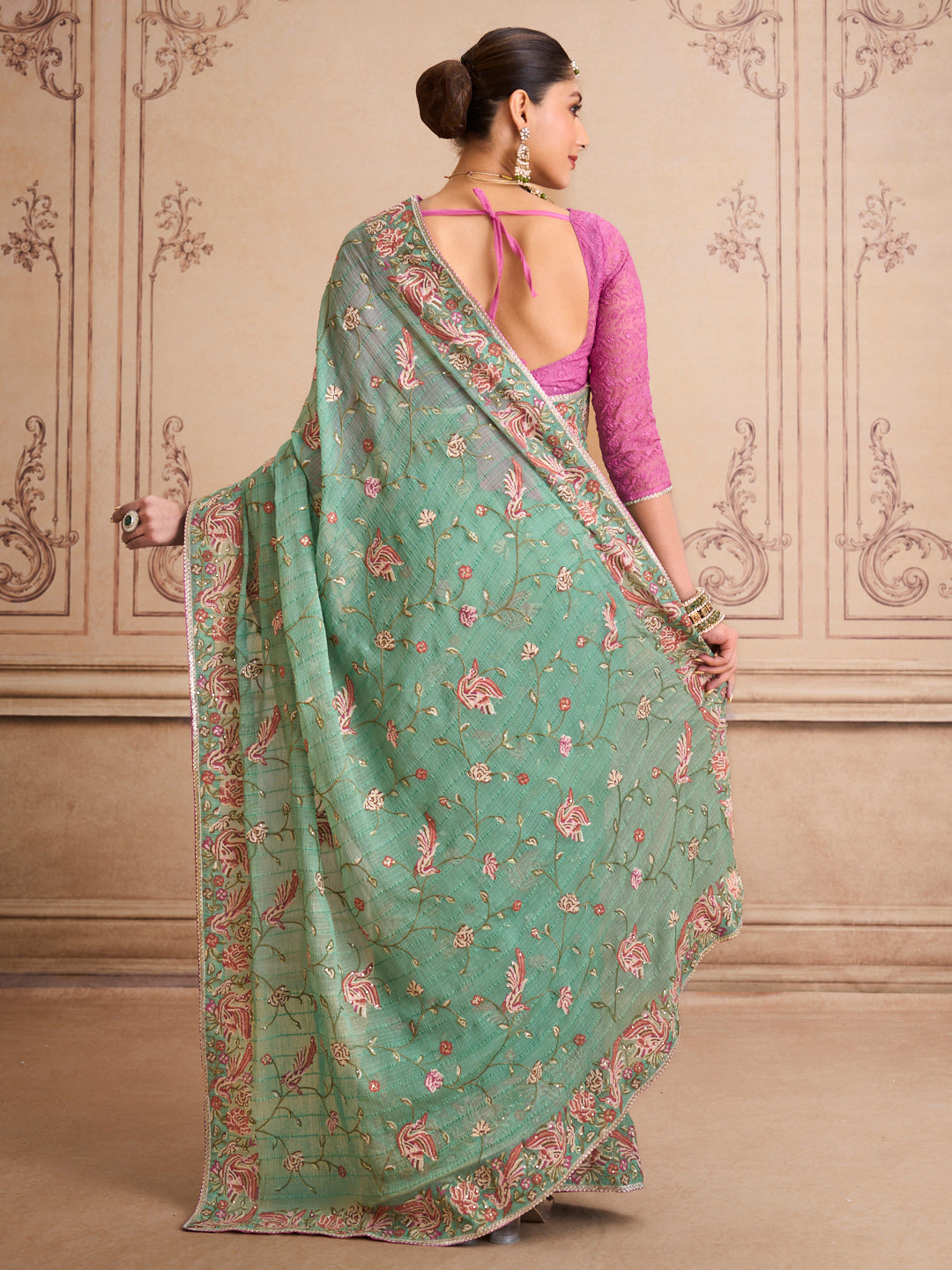 Green embroidered chiffon saree party wear