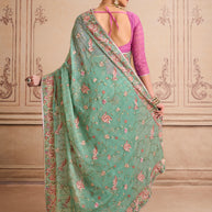 Green embroidered chiffon saree party wear