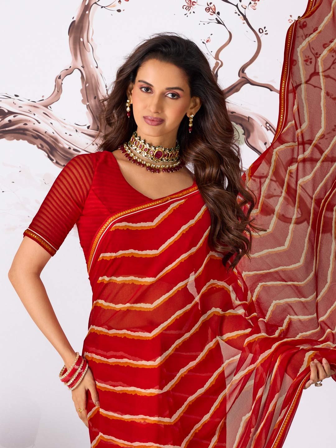 Red multicolor striped printed georgette saree daily wear