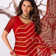Red multicolor striped printed georgette saree daily wear