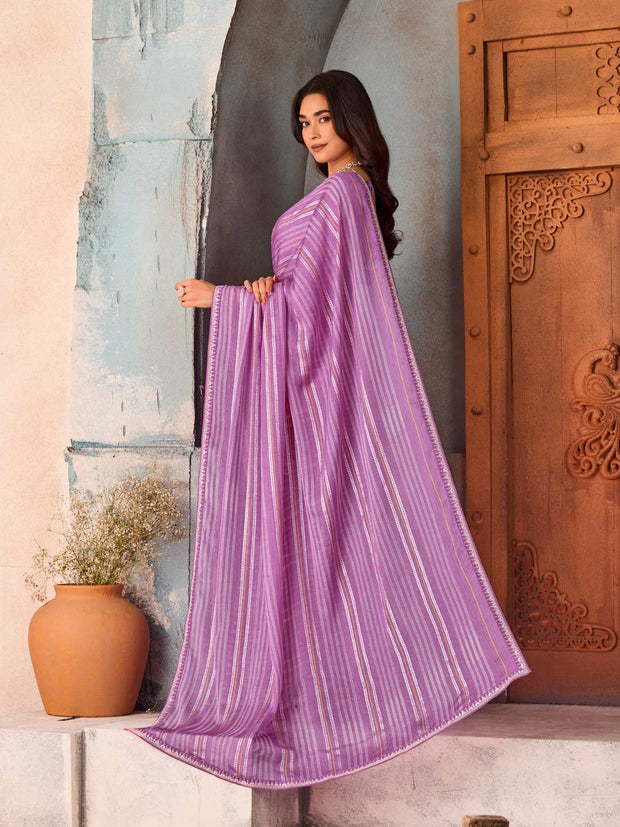 Purple striped silk blend saree casual wear